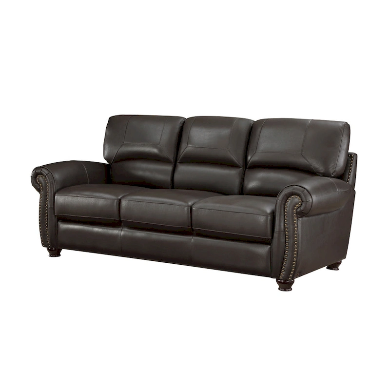 Kia 84 Inch Sofa, Dark Brown Top Grain and Faux Leather, Solid Wood
