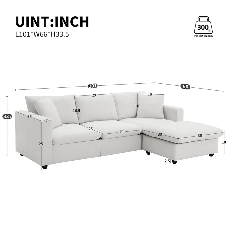L-shaped Polyester Fabric Couch Set with 2 Free Pillows and Convertible Ottoman
