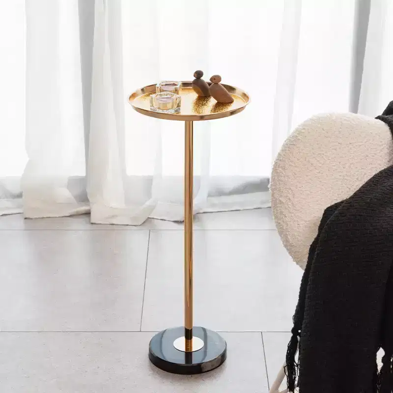 Adjustable Gold Side Table Natural Marble Top Small Tea Martini Display Pedestal End Table