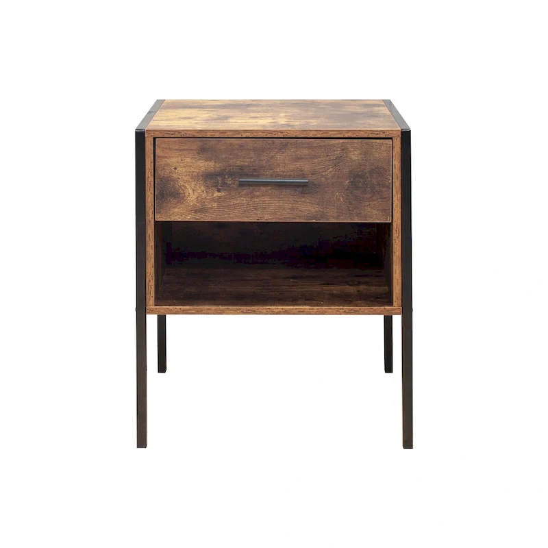 Vintage Industrial Nightstand Set of 2, Living Room Side Table with Drawers, Storage Cabinet with Open Shelves