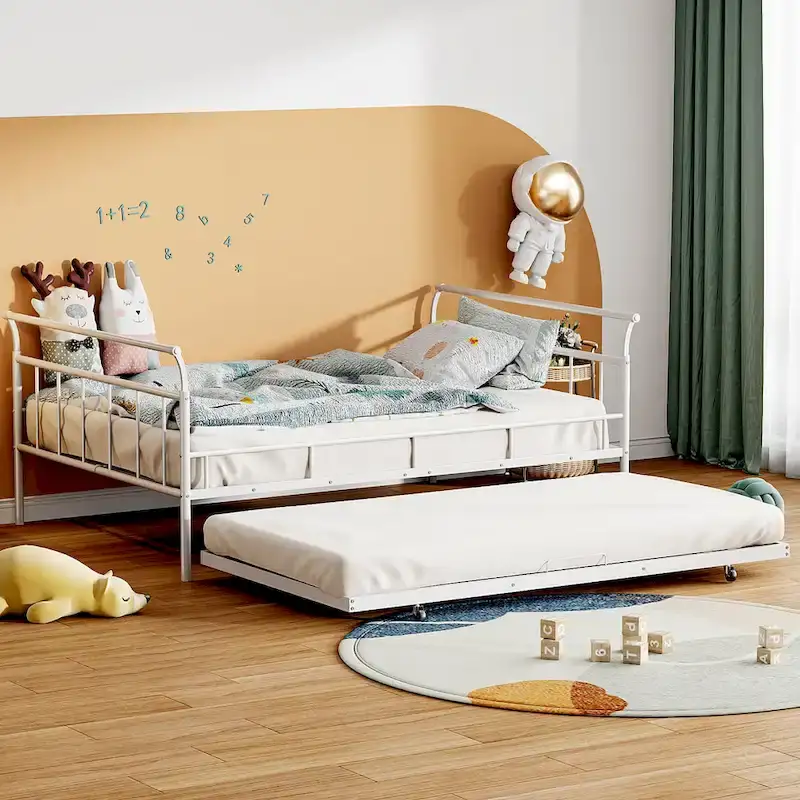 Metal Daybed with House-Shaped Headboard & Twin Size Trundle – Kids Bedroom Bed Frame