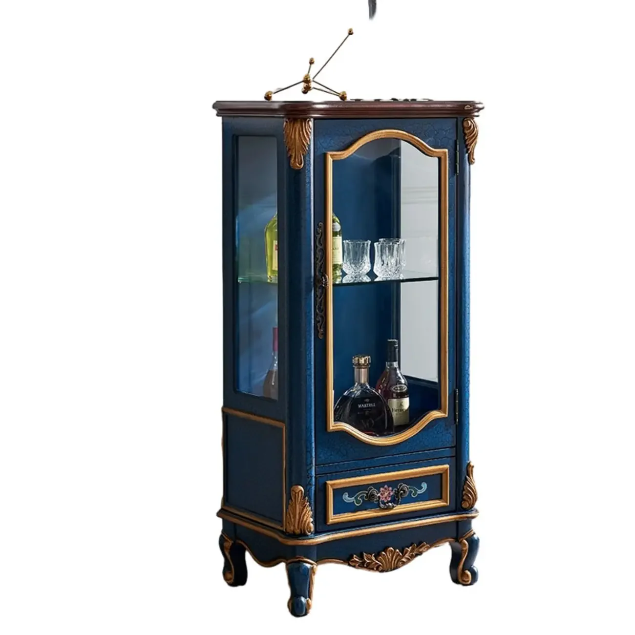 Traditional Tall Wood Blue Glass Shelf Display Cabinet