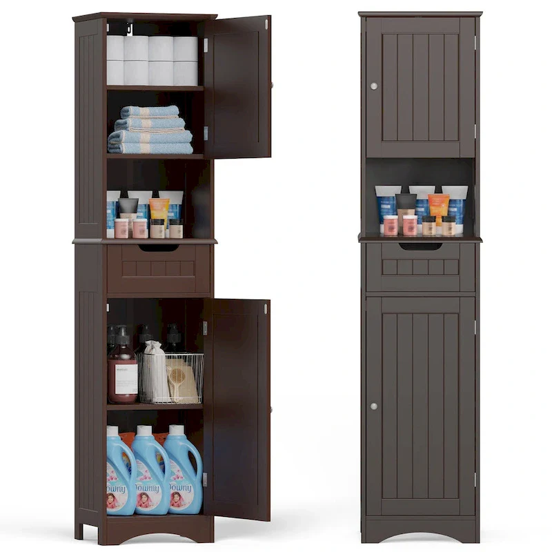 67 Tall 5-Tier Narrow Solid Wood Bathroom Linen Cabinet