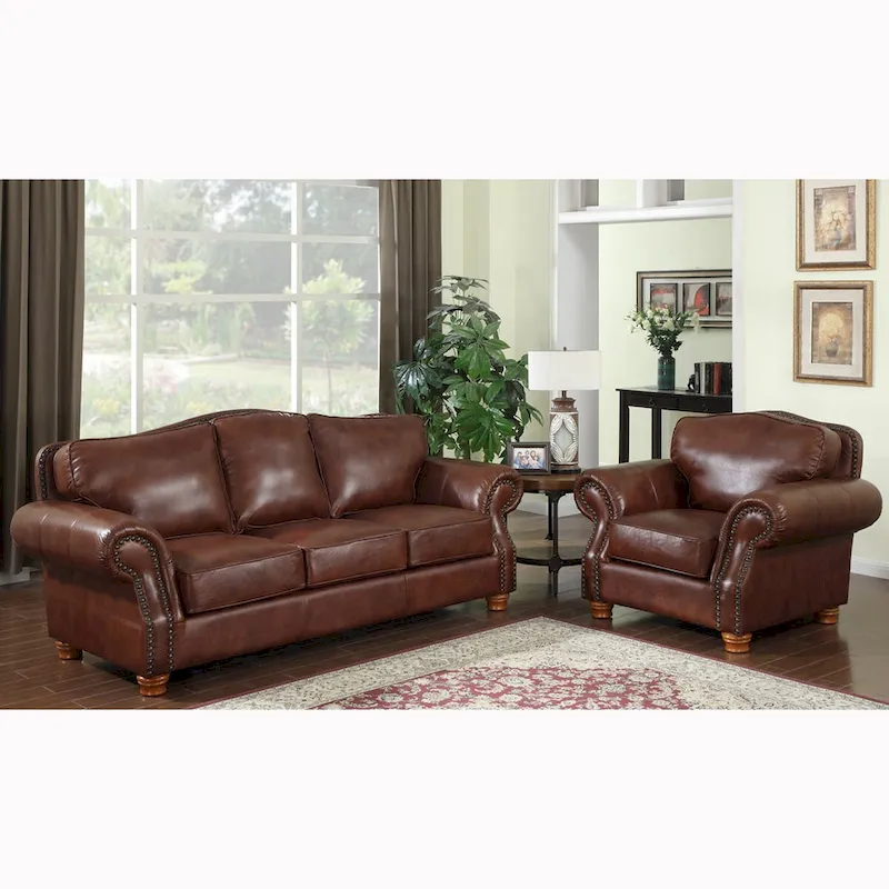 2-Piece Distressed Top-Grain Italian Leather Sofa & Chair Set, Hardwood Frame, Brass Studs