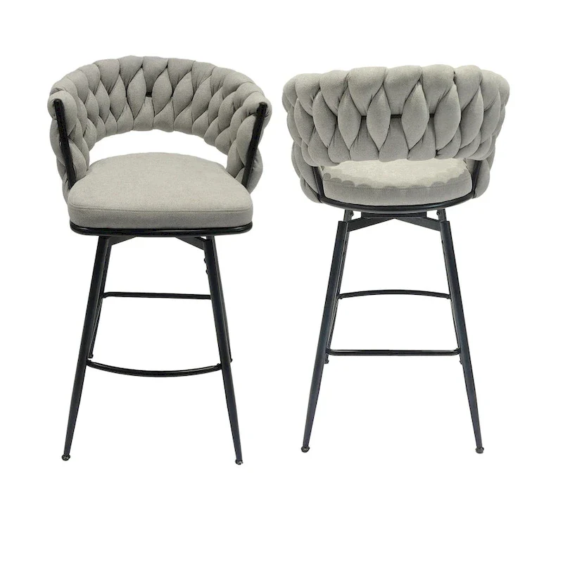 2 Woven Bar Stool,Black Legs No Adjustable Chairs,360 Swivel Upholstered Bar Chair Counter Stool Arm Chairs With Back Footrest