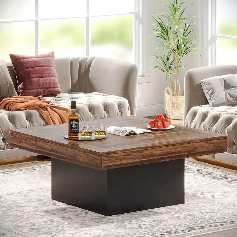 Square LED Coffee Table - Rustic Brown, Farmhouse Style, Multi-User