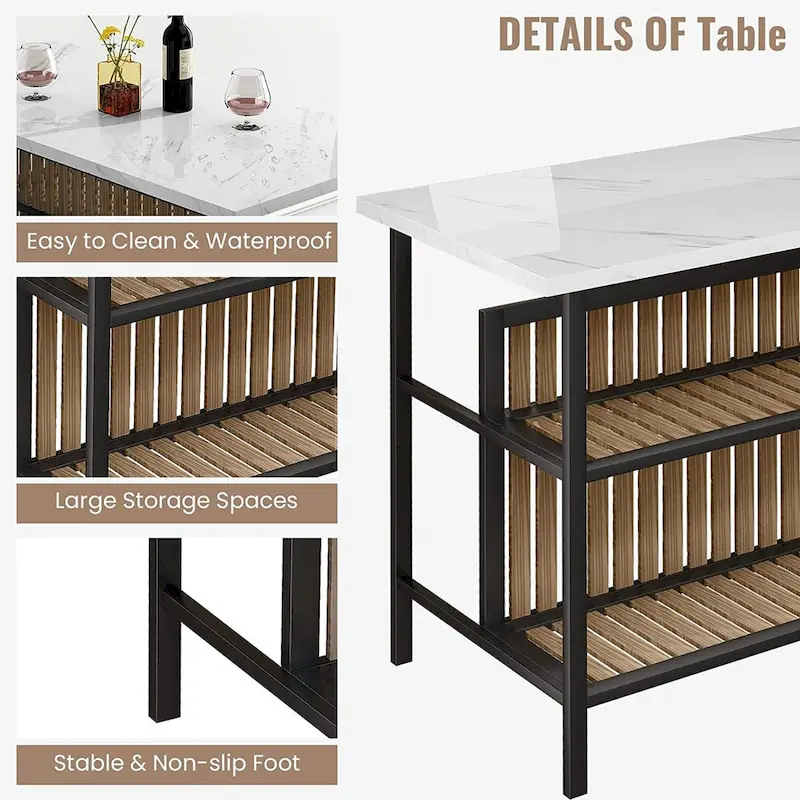 Mieres Kitchen Island with 2 Stools and Open Shelves