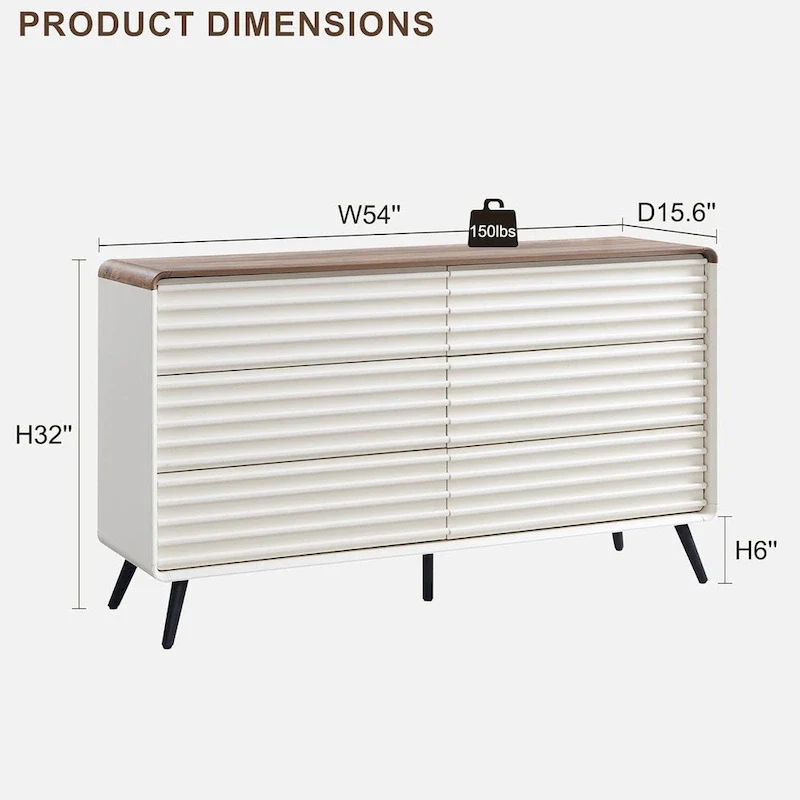 Mid Century Modern 6 Drawers Dresser, Wood Fluted Chest of Drawers