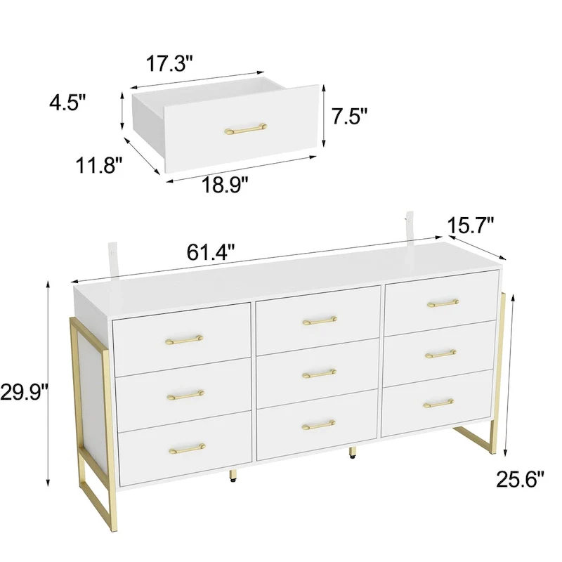 Elegant 9-Drawer Dresser with Gold Accents - Black Stripe Finish Chest