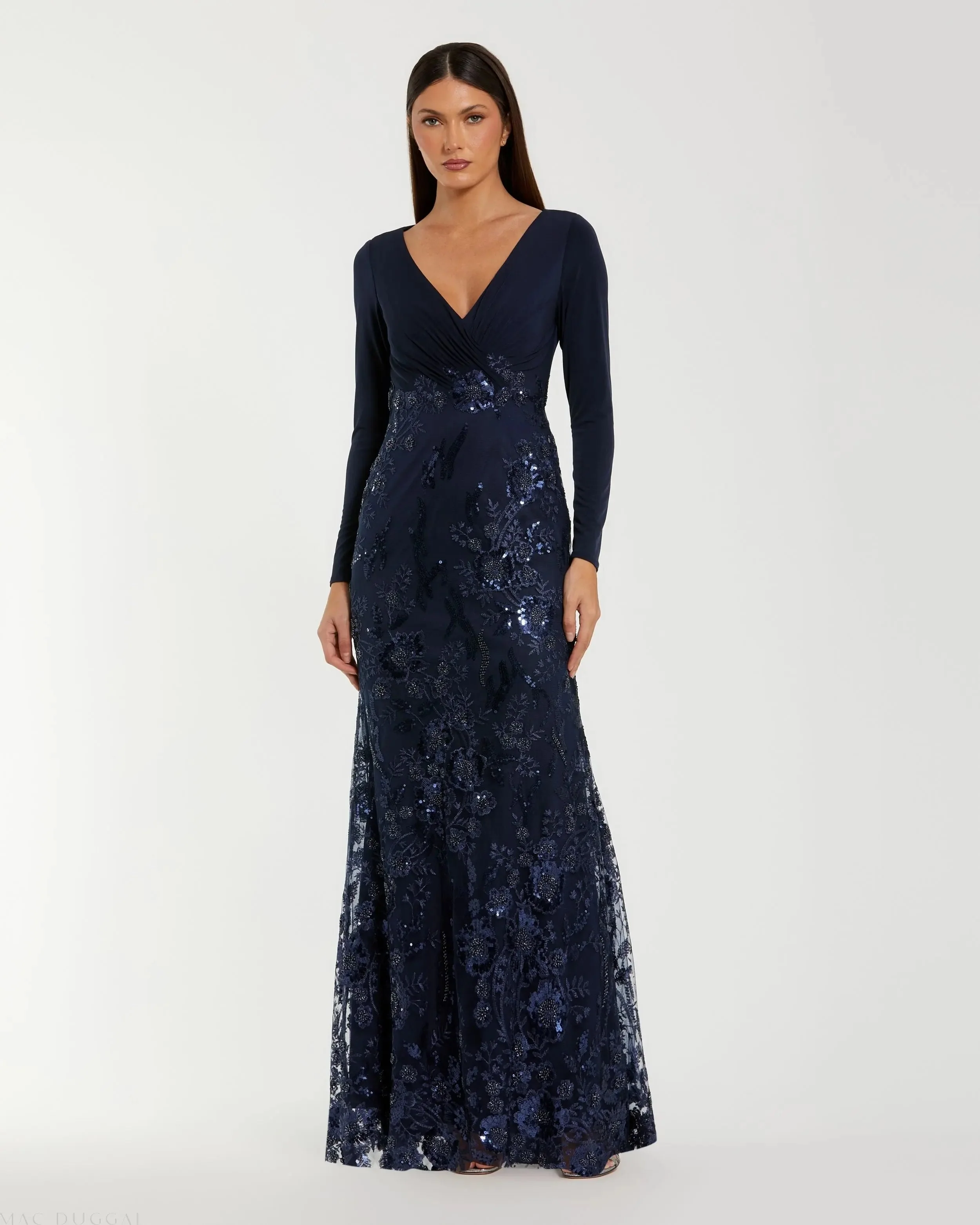 Navy Embellished Long Sleeve Wrap Over Trumpet Gown