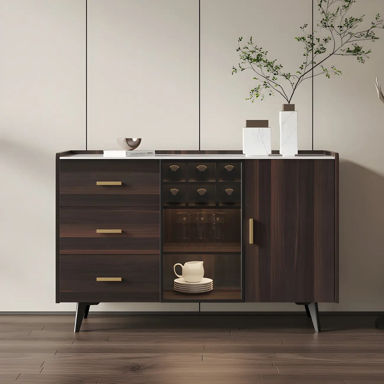 Glam Walnut Wooden Sideboard with Drawers & Cabinets