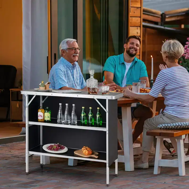 Costway Folding Camping Table Aluminum Portable Picnic Table with 2-Tier Shelves Black\Coffee