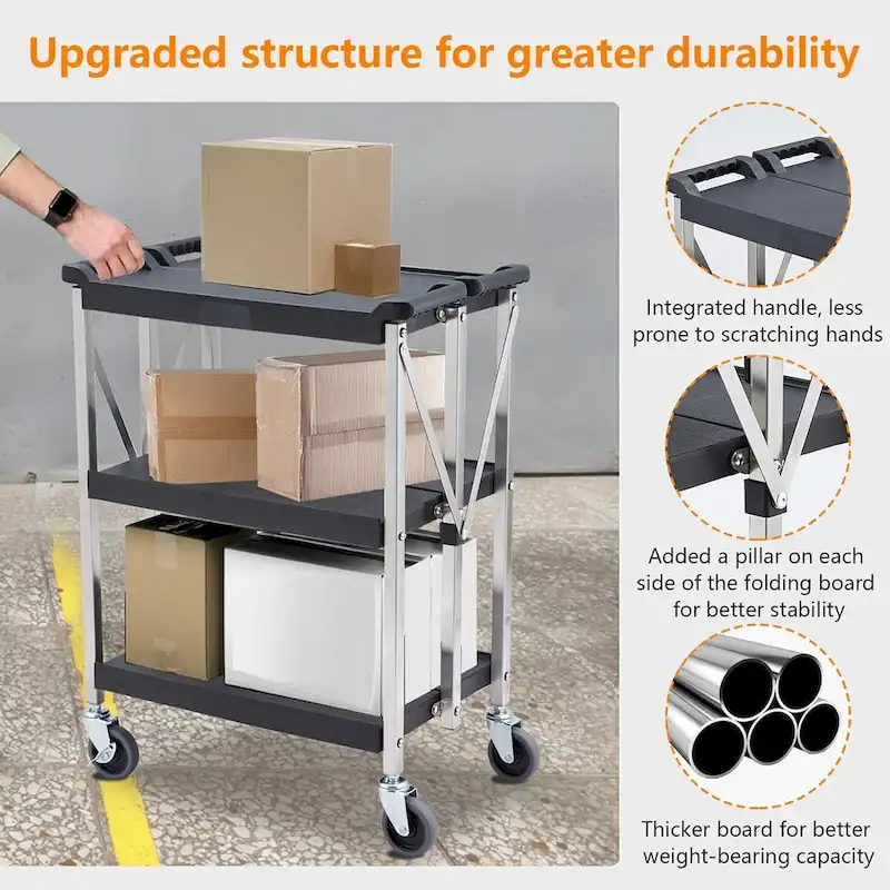 Foldable Utility Black 3-Tier Service Cart with Wheels Lockable - N/A