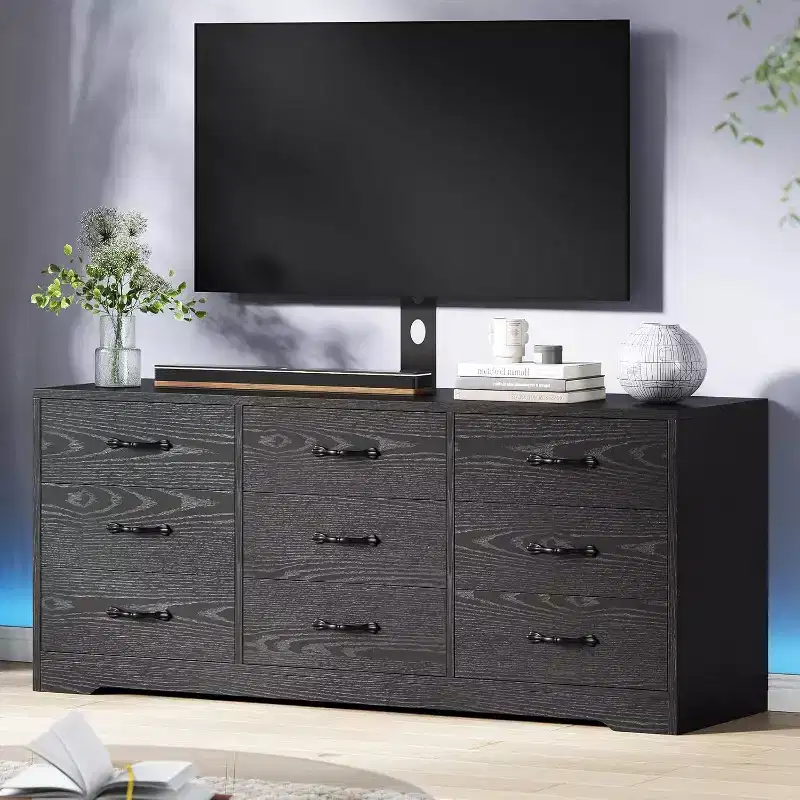 9-Drawer TV Stand with Integrated TV Area, Large Storage Console for Flat Screen TVs up to 85 Inch, Multi-Functional Media Center for Living Room