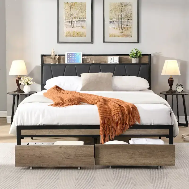 Black & Grey Full Metal Platform Bed with Wood Headboard & Under-Bed Storage - Fits 2 People