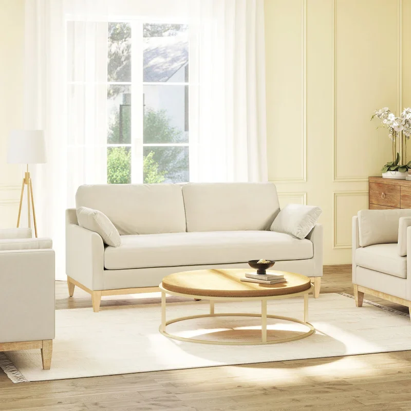 Velvet Sofa with Loose Pillow-Back and Wood Base - 75.5 Inch