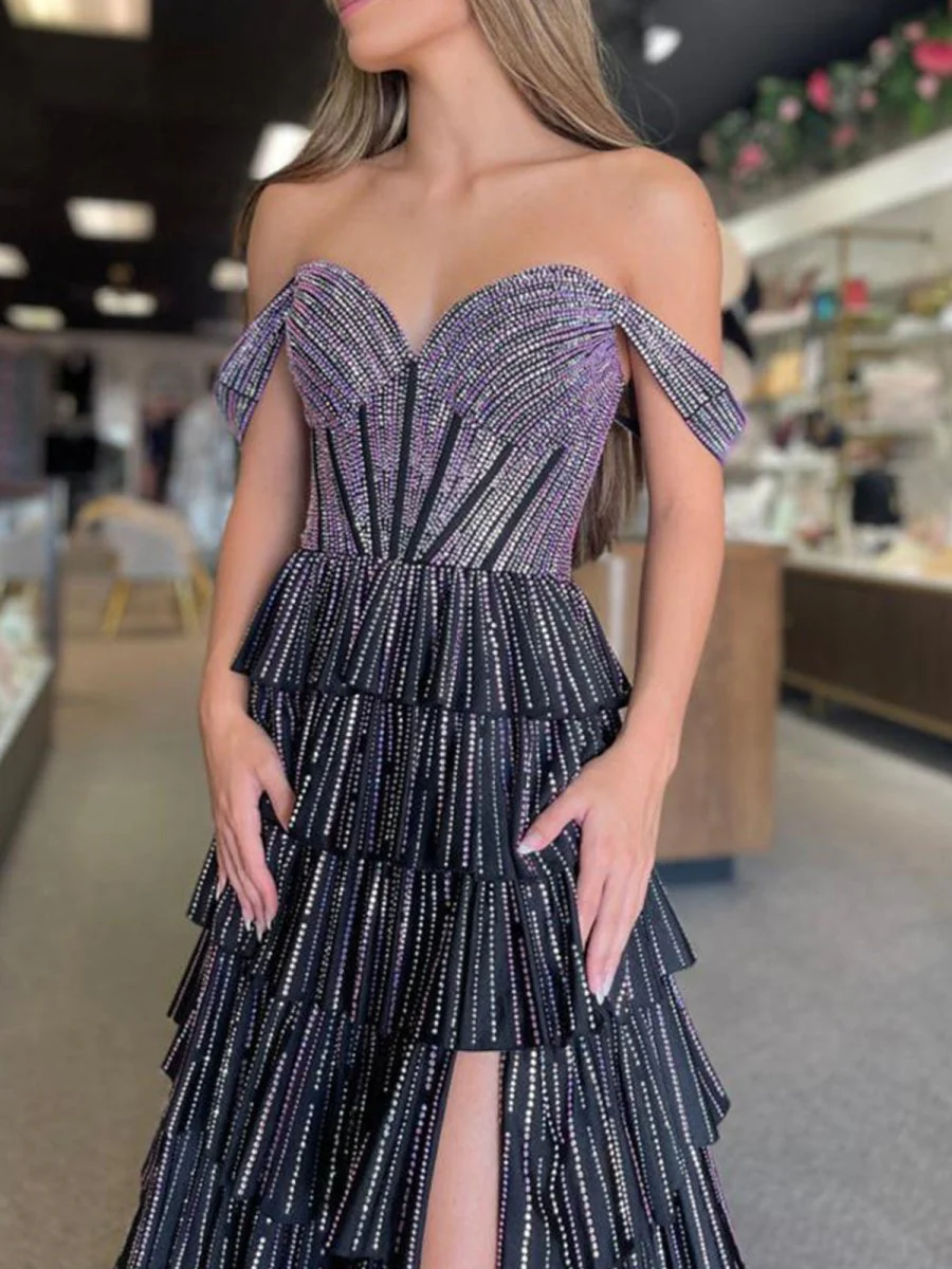 A Line Off-the-Shoulder Satin Tiered Long Prom Dresses With Beads