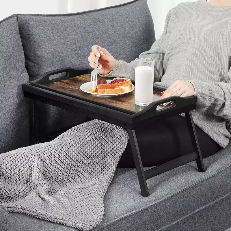 Bed Tray Table with Bamboo Folding Legs, Sofa Breakfast Tray, Serving Tray, Rustic Dark Brown