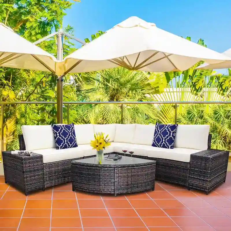 Off White Symmetrical 6-Piece Outdoor Patio Sofa Set