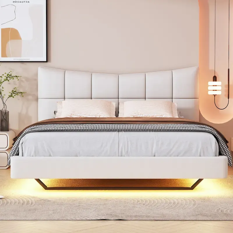 Beige Queen Size Upholstered Platform Bed with LED Lights and U-Shaped Headboard