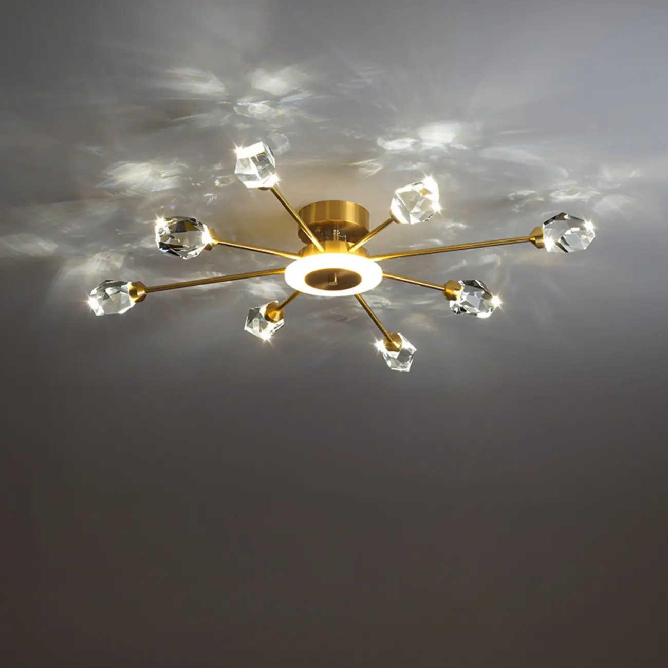 Gold Sputnik Crystal Semi Flush Dimmable LED Ceiling Light