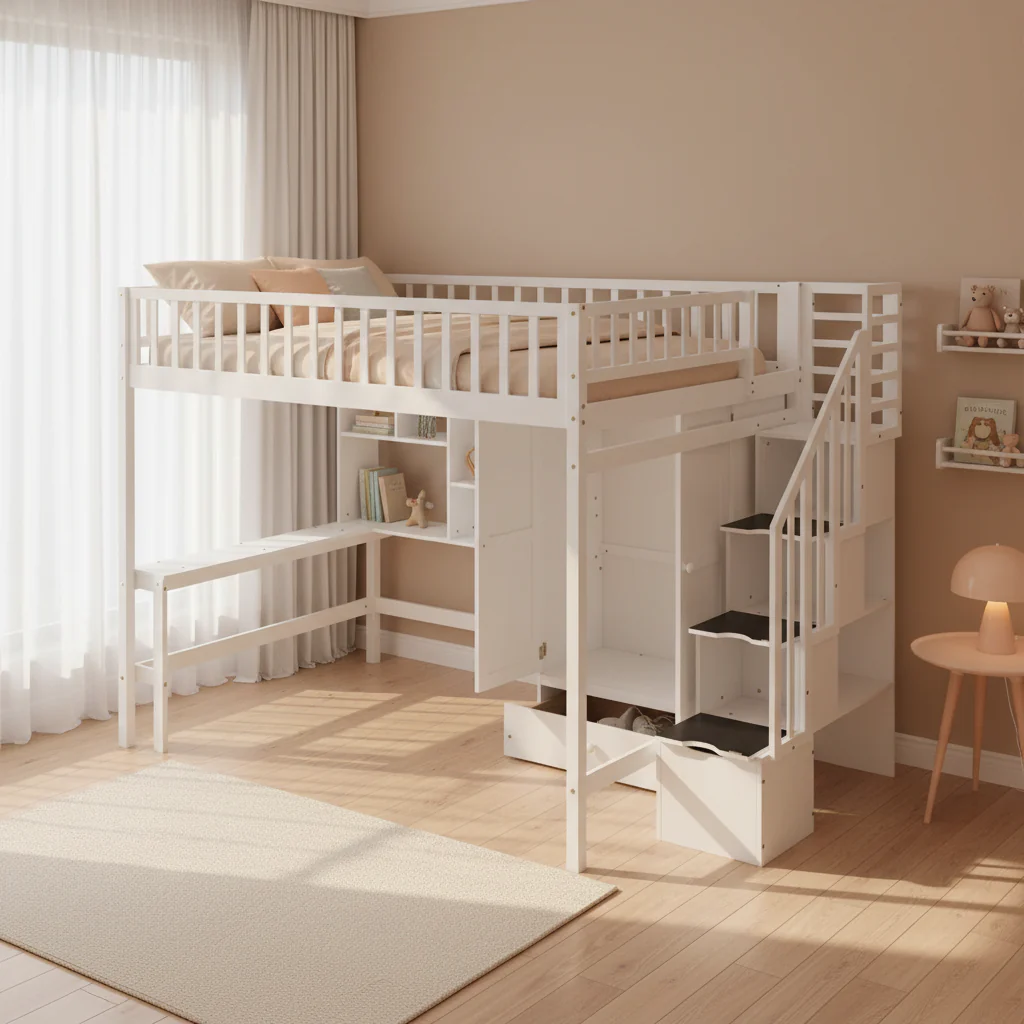 White Full Pine Loft Bed with Bookshelf, Drawers, Desk and Wardrobe