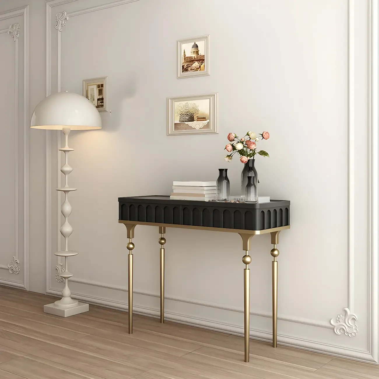 Modern Black Wood Gold Legs Console Table
