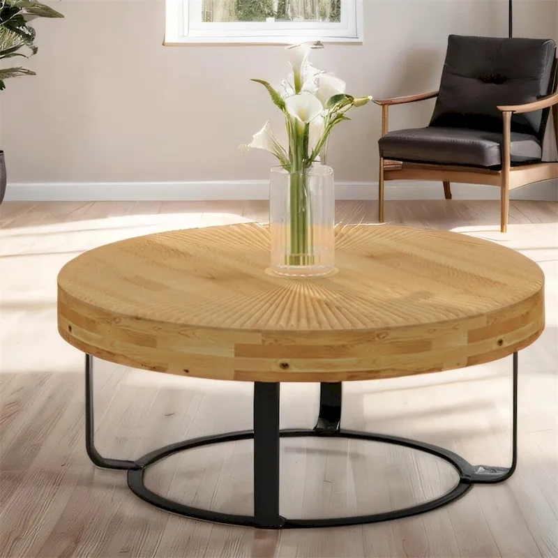 Round Wood Coffee Table with 6-Curved Metal Legs, Modern Style – Black / Gold