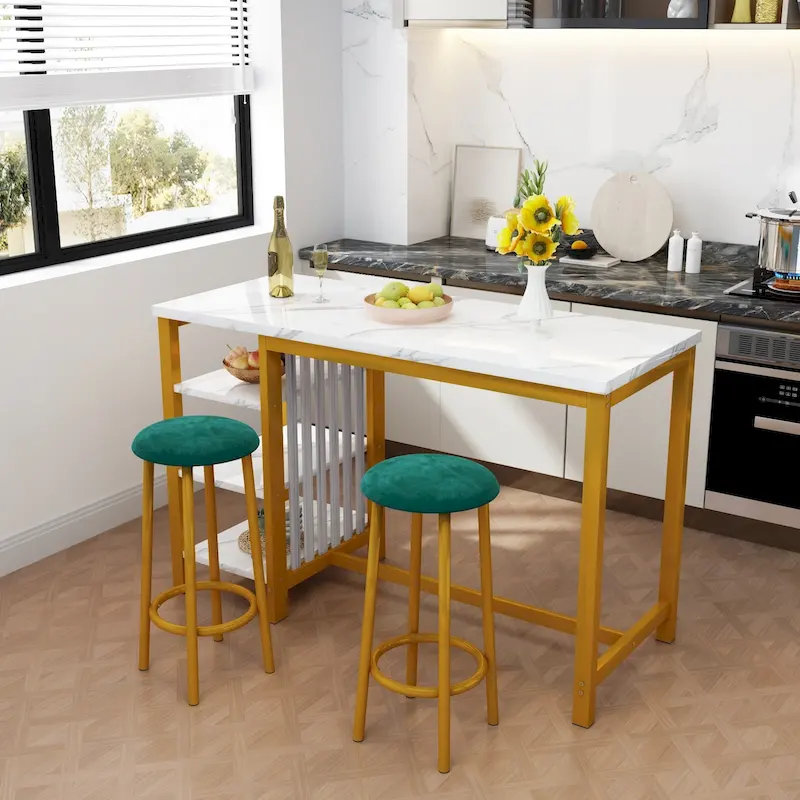 Faux Marble Bar Table with Upholstered Stools & Storage Shelves — 3-Piece Dining