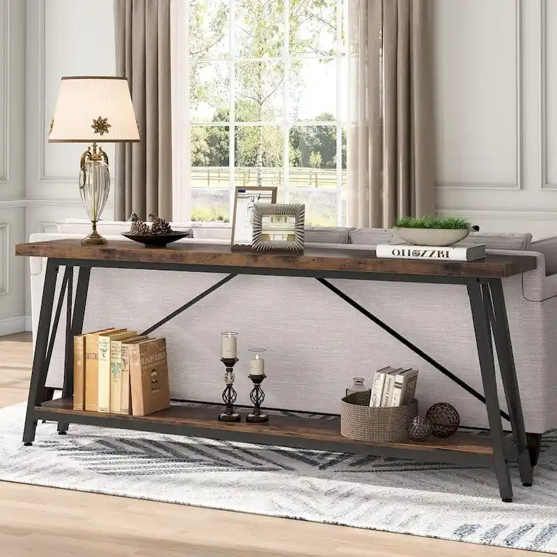 Long Console Table with 4-Tier Shelves & Steel Frame – Dark Brown / Light Grey / Gold & White / Light Brown & White / Light Brown & Black, Industrial Style, Single