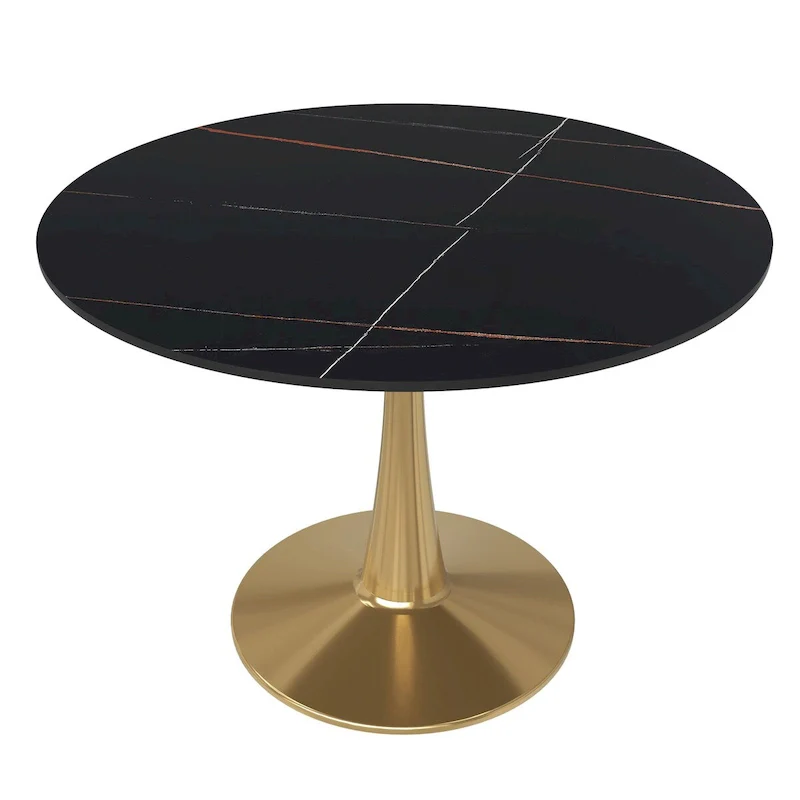 LeisureMod Round Dining Table 40 Sintered Stone Tabletop in Gold Steel Bistro Series