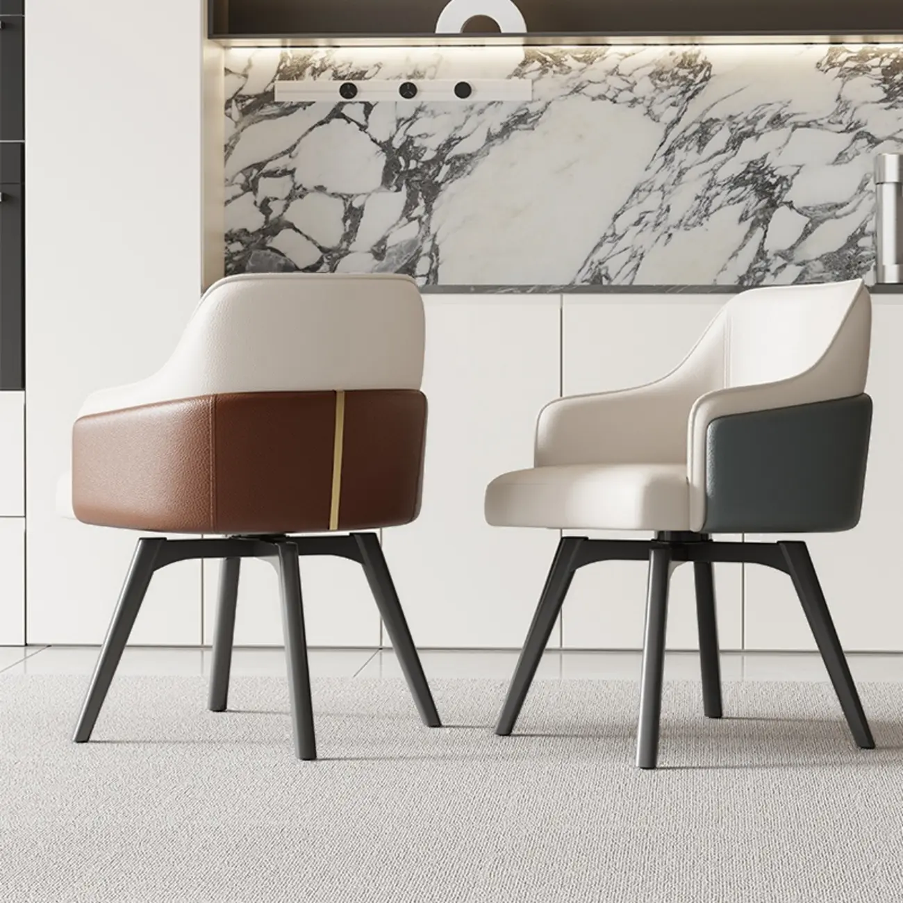 Modern Faux Leather Swivel Arm Dining Chair with Solid Back