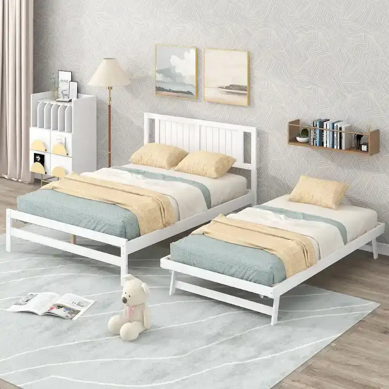 White Full+Twin Platform Bed with Adjustable Trundle, Sleeps 2