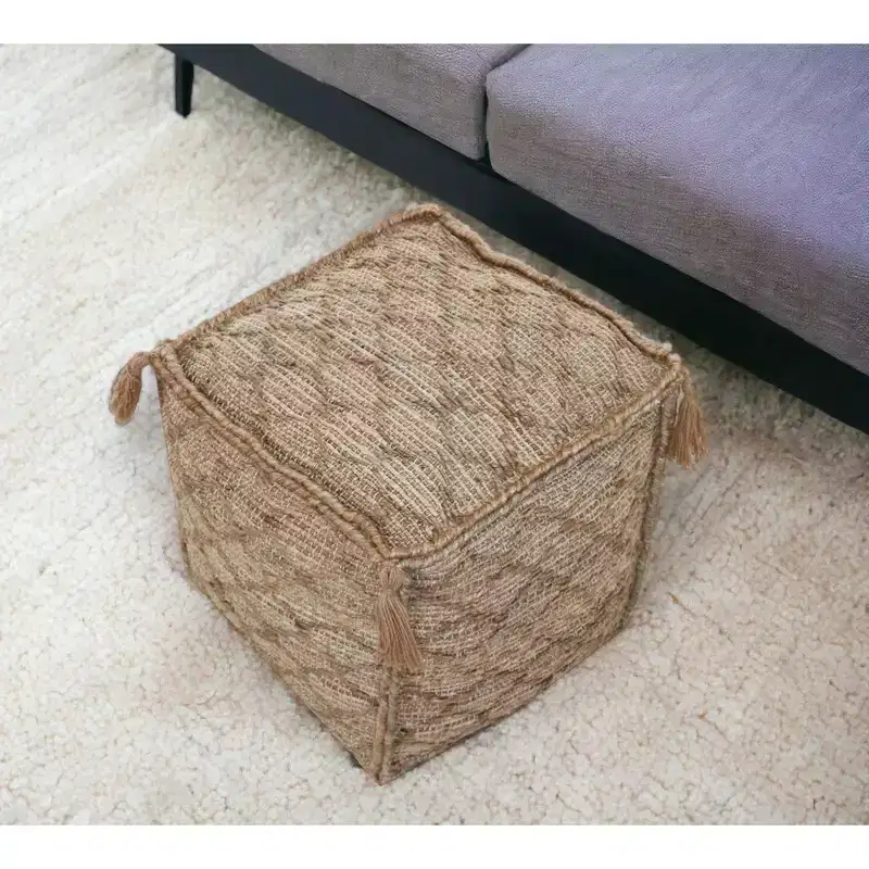 HomeRoots 18 Brown Jute Cube Trellis Pouf Ottoman