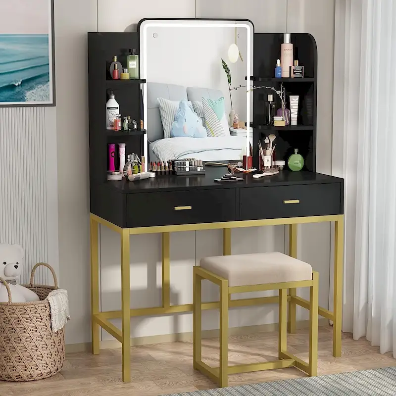 White Vanity Table with LED Mirror and Cushioned Stool