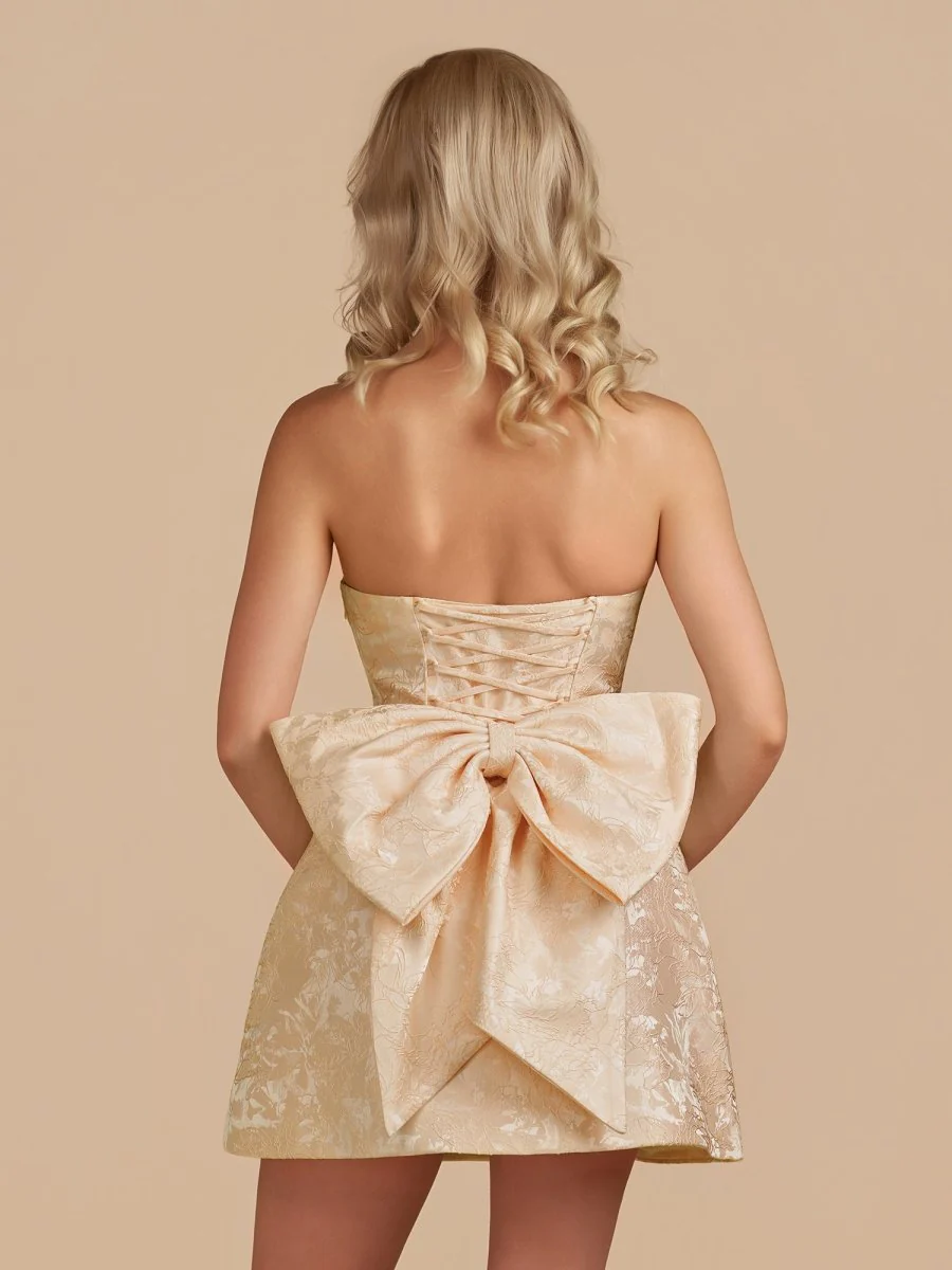 Champagne - Strapless Jacquard A Line Homecoming Dress With Bowknot
