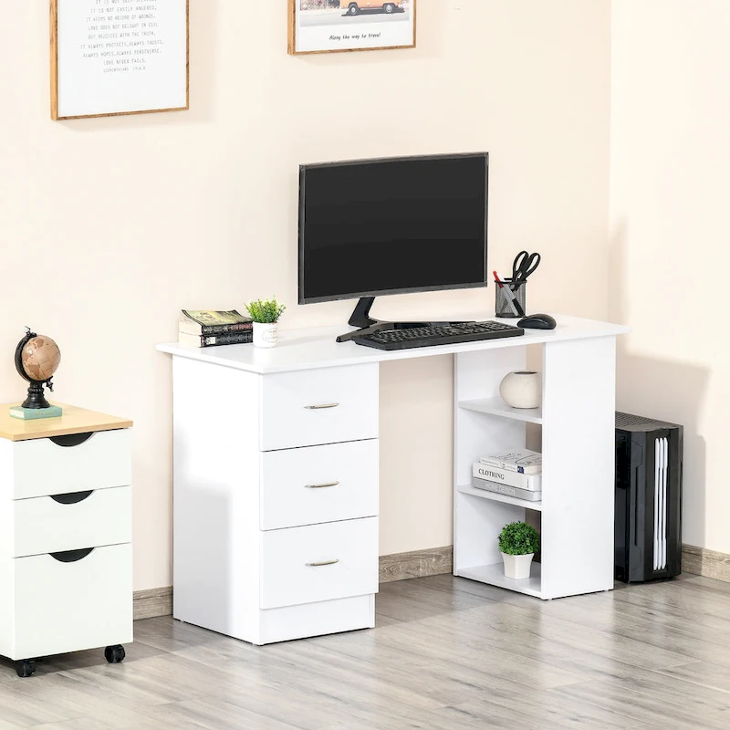 Modern Computer Office Desk with Reversible Storage Drawers and Shelves for Home Office and Dorm or Apartment Use