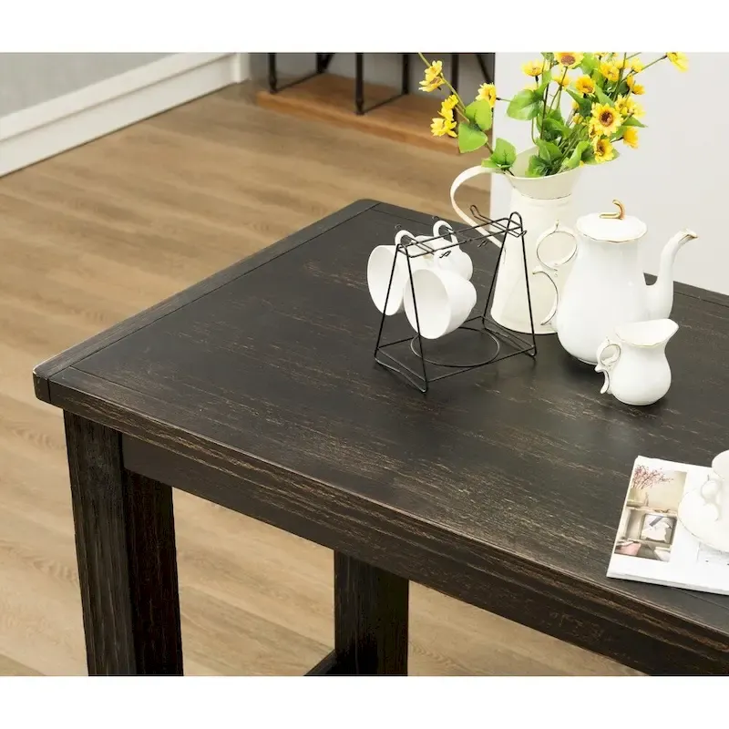 Roundhill Furniture Lotusville 7-PC Antique Black Wood Table with Faux Leather Barstools