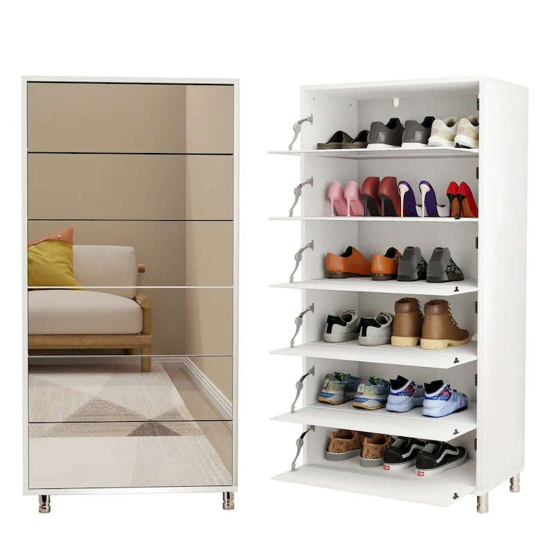 Mirror Shoe Cabinet With 6 Flip Drawers,Shoe Rack Organizer Store Ample Shoes,4 Metal Legs,Hand-Touch Flip-Out Door
