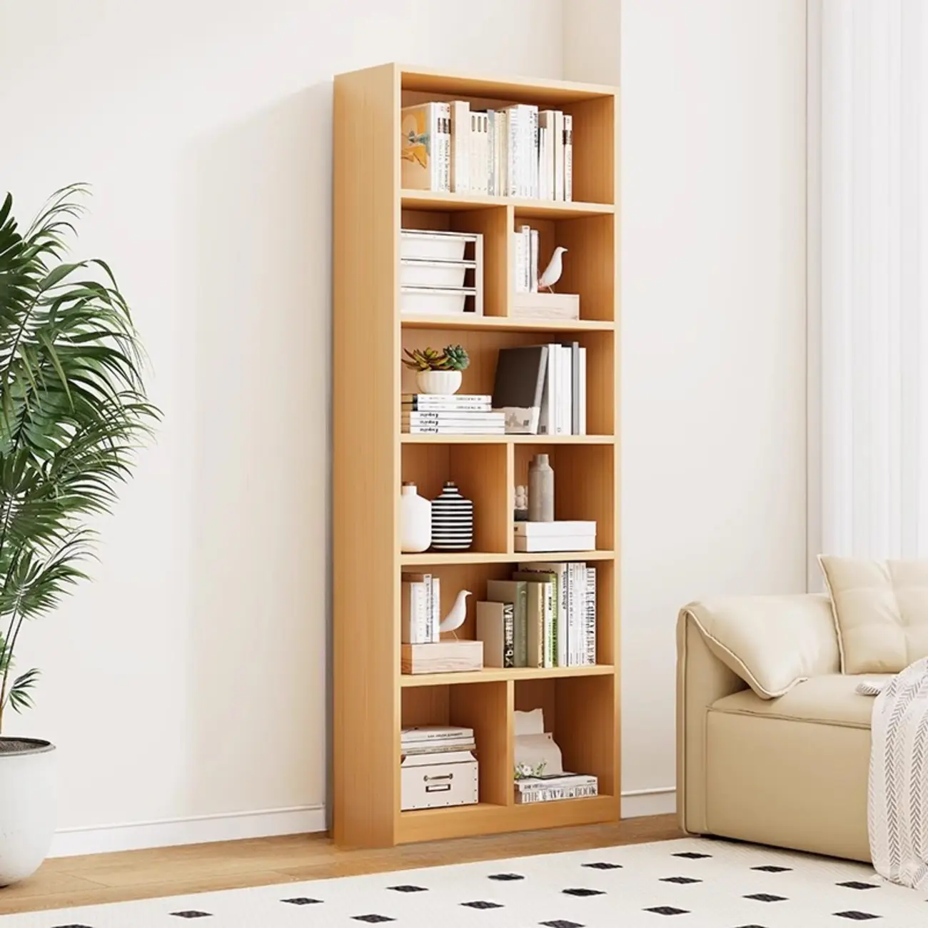 Natural Finish Narrow 6 Shelves Wooden Bookcase with Drawer