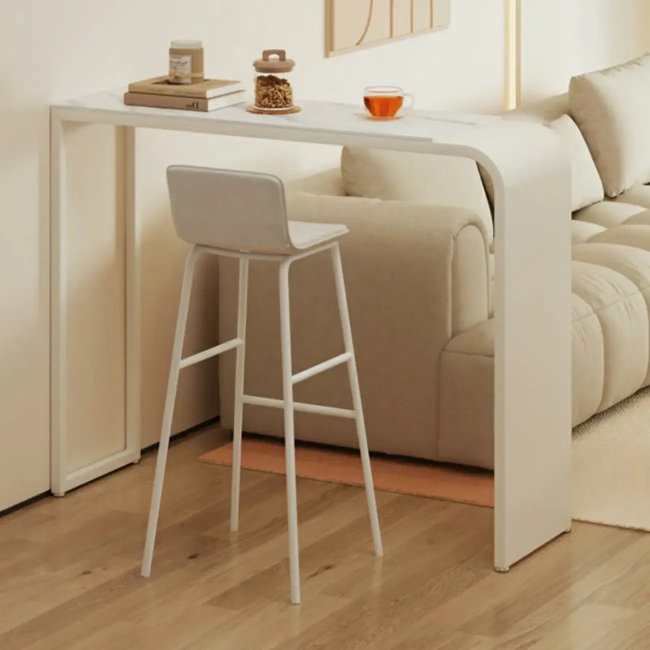 Modern White Metal Long Narrow Bar Table with Storage Shelve for Home