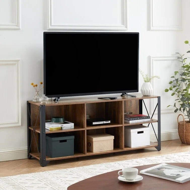 Gray Walnut & Rustic Oak Industrial TV Stand with 6 Shelves, For 1–2 Person Household