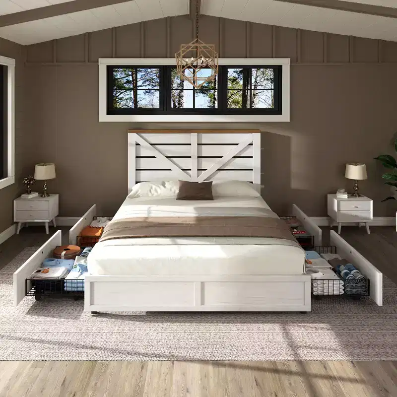 AMERLIFE Farmhouse Bed Frame with 4 Drawers and Headboard