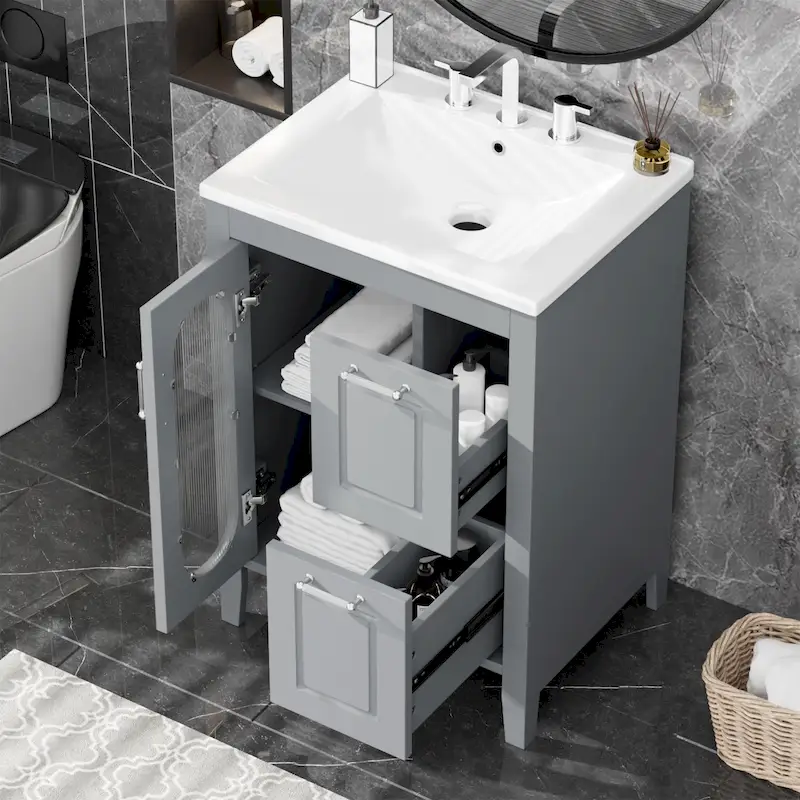 Grey/White Bathroom Vanity Cabinet with Ceramic Sink, 2 Drawers & Door