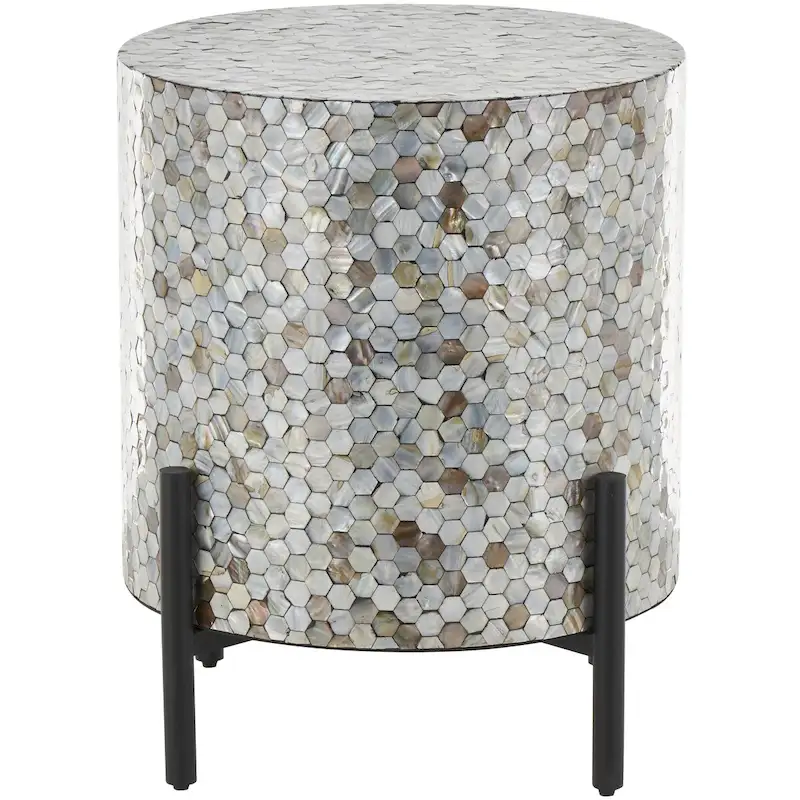 Mother of Pearl Shell Geometric Handmade Inlay Side End Accent Table with Black Legs - Multi Colored - Roche River Decor
