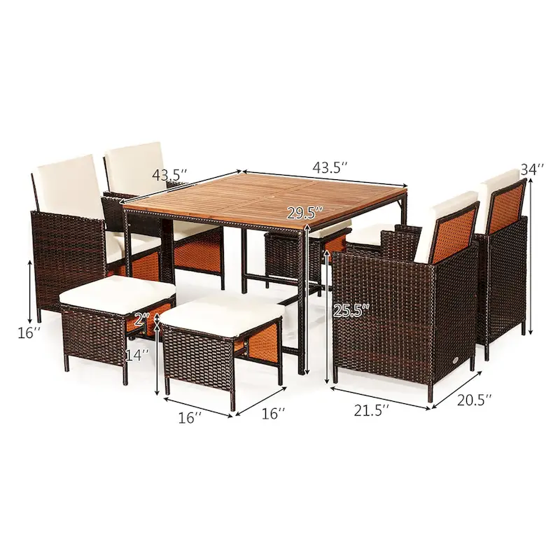 Costway 9PCS Patio Rattan Dining Set Cushioned Chairs Ottoman Wood - See Details