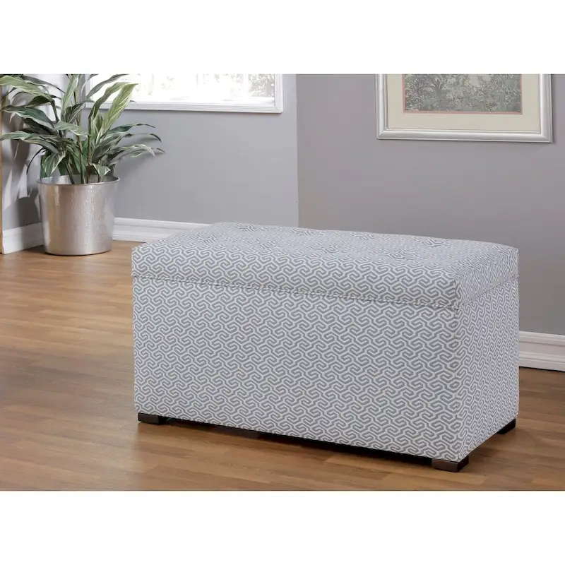 Storage Trunk Bench, Button-Tufted, Jacquard Fabric, Hydraulic Hinge, Espresso Square Legs, Light Blue / Black / Cream, 1-Person Use