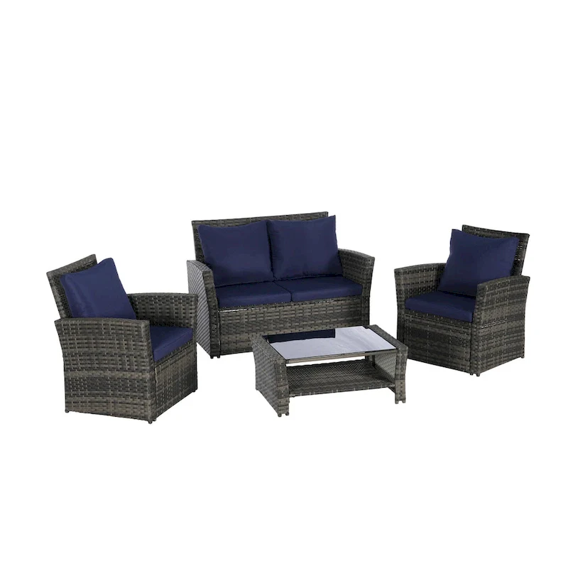 4-Piece Rattan Conversation Sofa Set with Glass Table