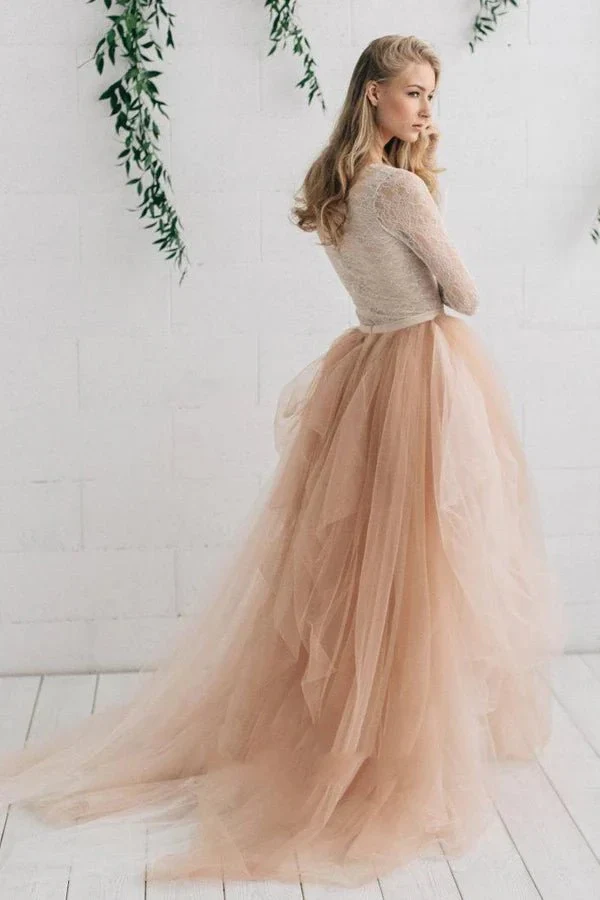 Tulle Satin Tiers Zipper V Neck Long Sleeves Wedding Dress