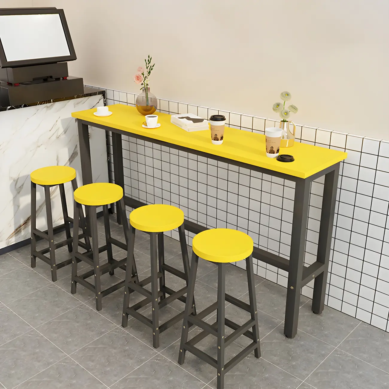 Rectangular Natural Wood Metal Trestle Bar Tables